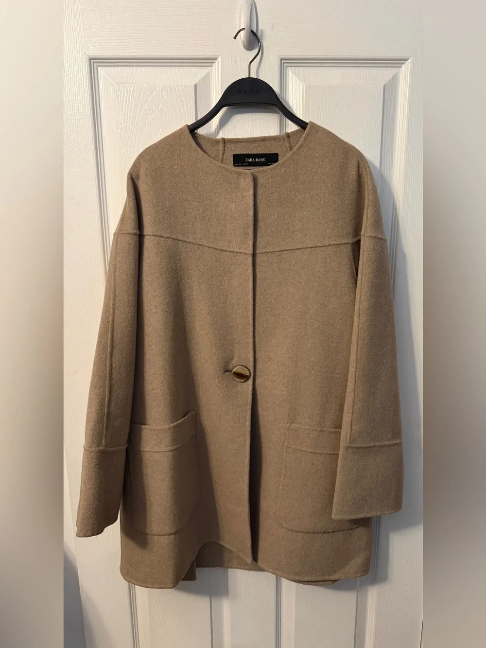 Zara Camel Tan Collarless Wool-Blend Peacoat